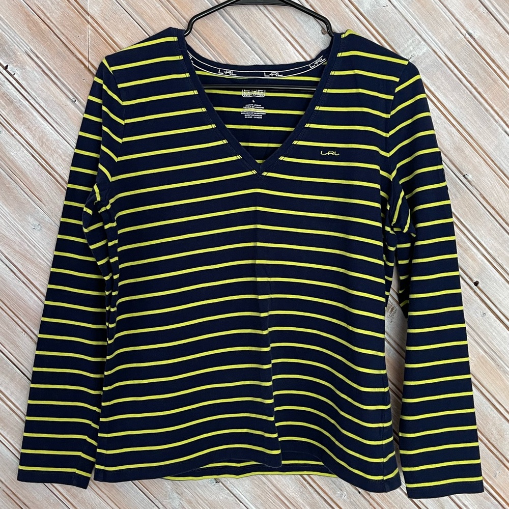 Lauren Ralph Lauren Navy and Lime Striped Top V Neck Long Sleeve Cotton Elastane